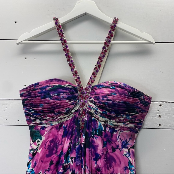 La Femme 100% Silk Floral Jewel Strap Gown Pink Size 4 - Picture 3 of 11